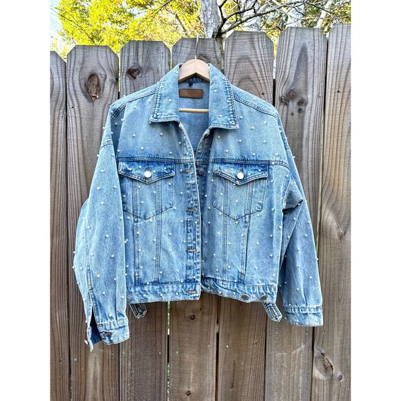Festival Pearl-Studded Denim Jacket Coquette Girly Embellished - Picture 1 of 5